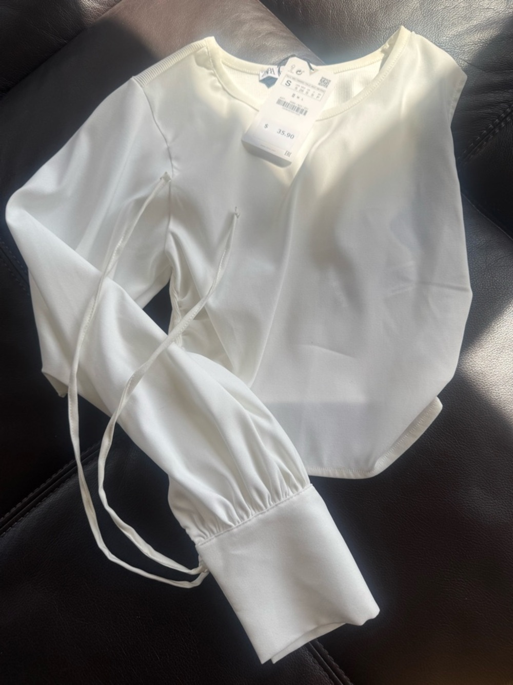 ZARA White Long Sleeve Tie Detail Top NWT Size Small